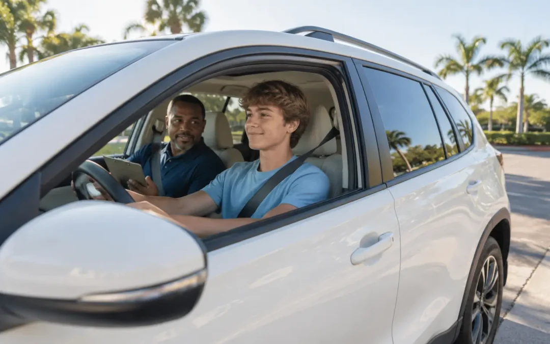 Teen student driver practices behind the wheel with an instructor in a white SUV, building confidence during a sunny Florida driving lesson.