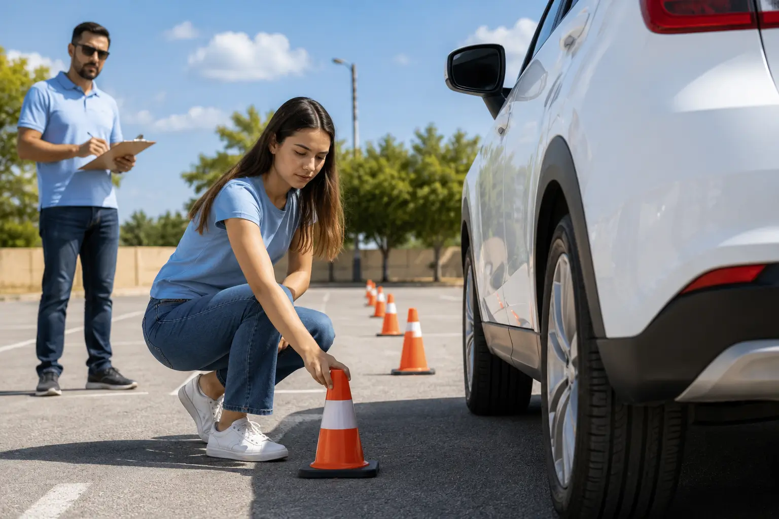 Student driver adjusts a traffic cone beside a white car while an instructor observes with a clipboard during outdoor road test practice.