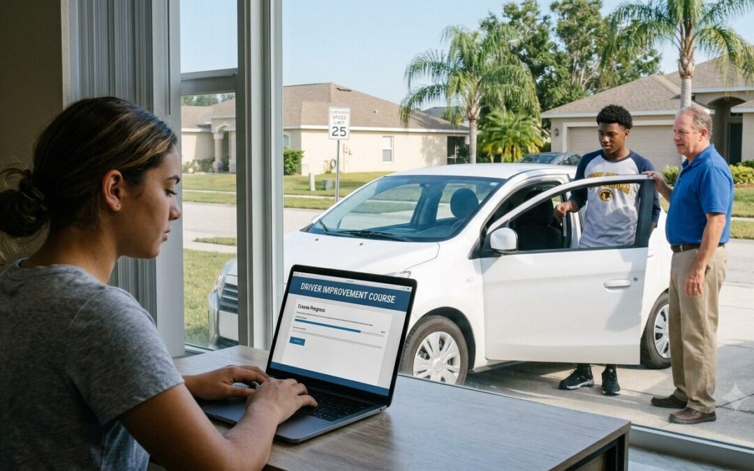 A woman takes an online driving course on a laptop while a student and instructor talk outside by a car.