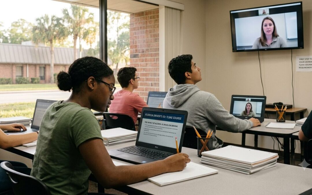 Teenagers in a classroom setting working on laptops during a TLSAE driver education course.